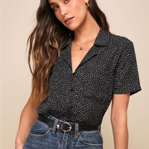 Lulu’s Good Luck Charm Black Polka Dot Short Sleeve Button-Up Top